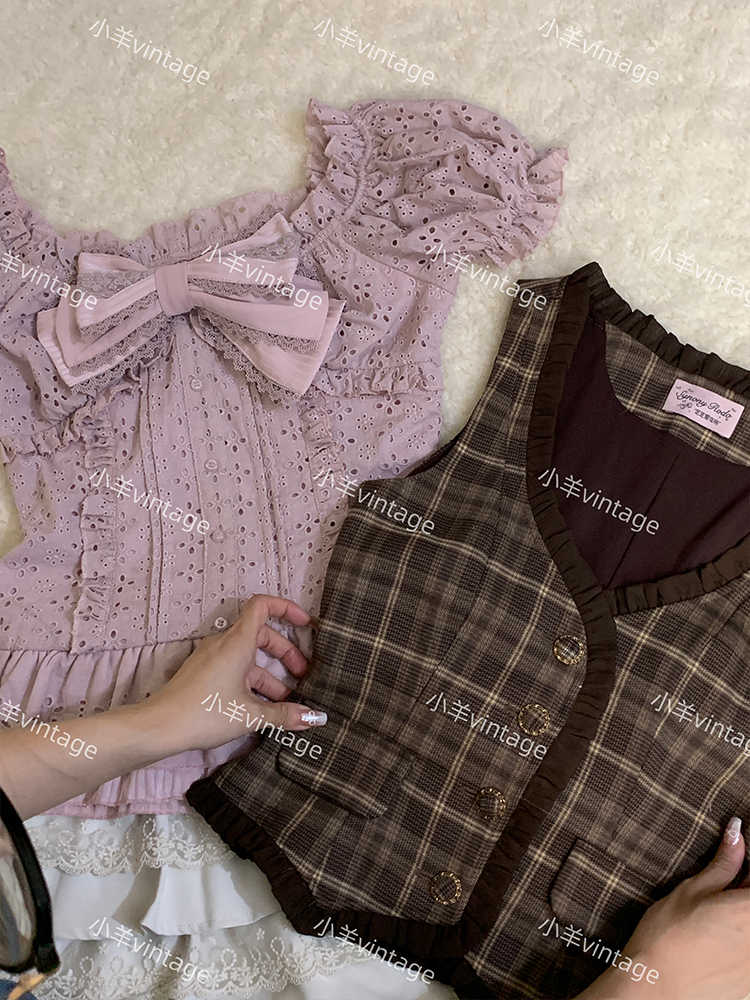 Retro Bow Lace Top Pink Plaid Vest - Image 5