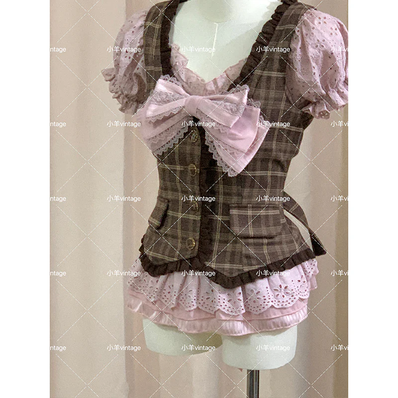 Retro Bow Lace Top Pink Plaid Vest - Image 6