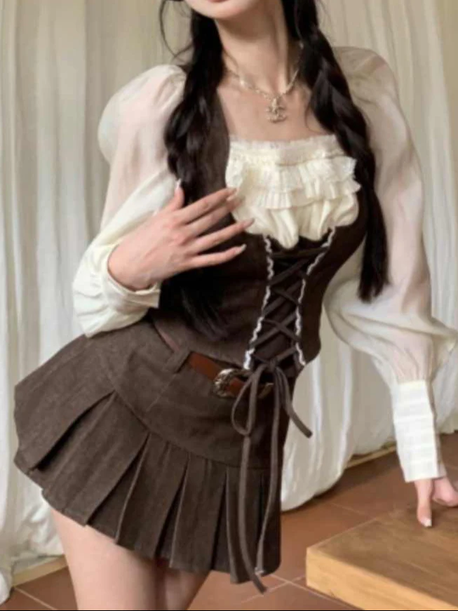 Retro Brown Cow Girl Two-piece Suit - Image 4