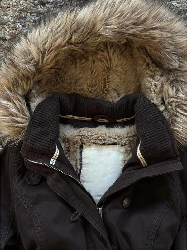 retro brown hooded fur collar jacket - Image 3