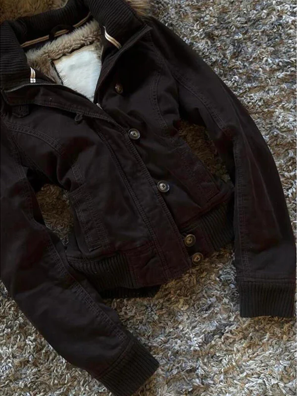 retro brown hooded fur collar jacket - Image 4