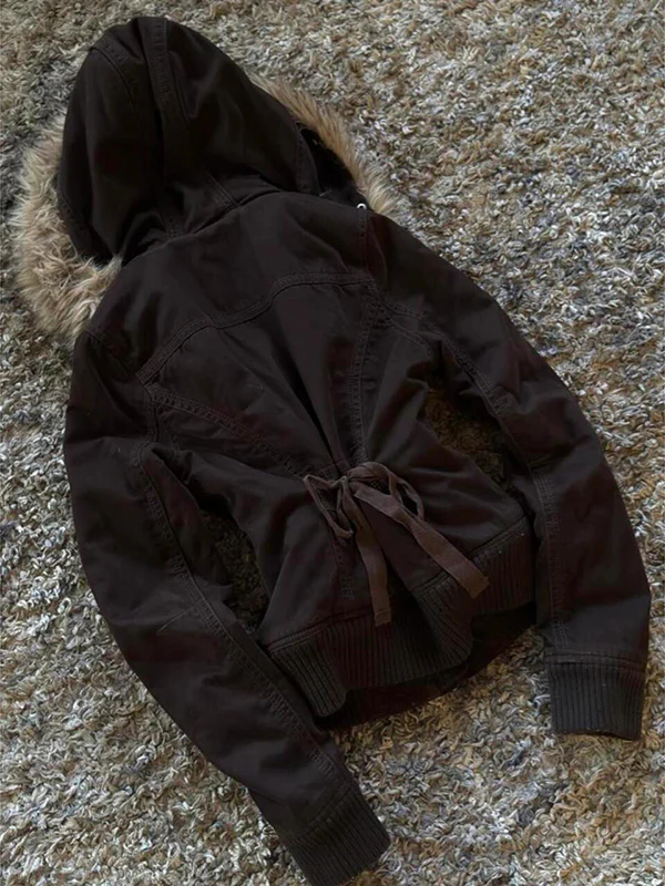 retro brown hooded fur collar jacket - Image 5