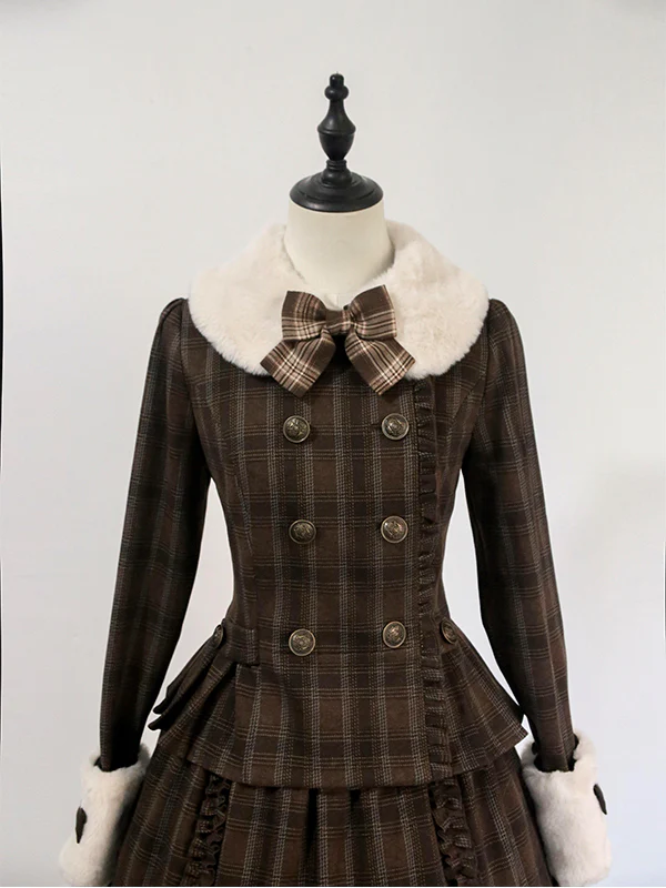 retro brown plaid lolita coat + skirt - Image 2