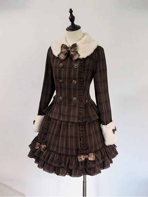 retro brown plaid lolita coat + skirt - Image 5