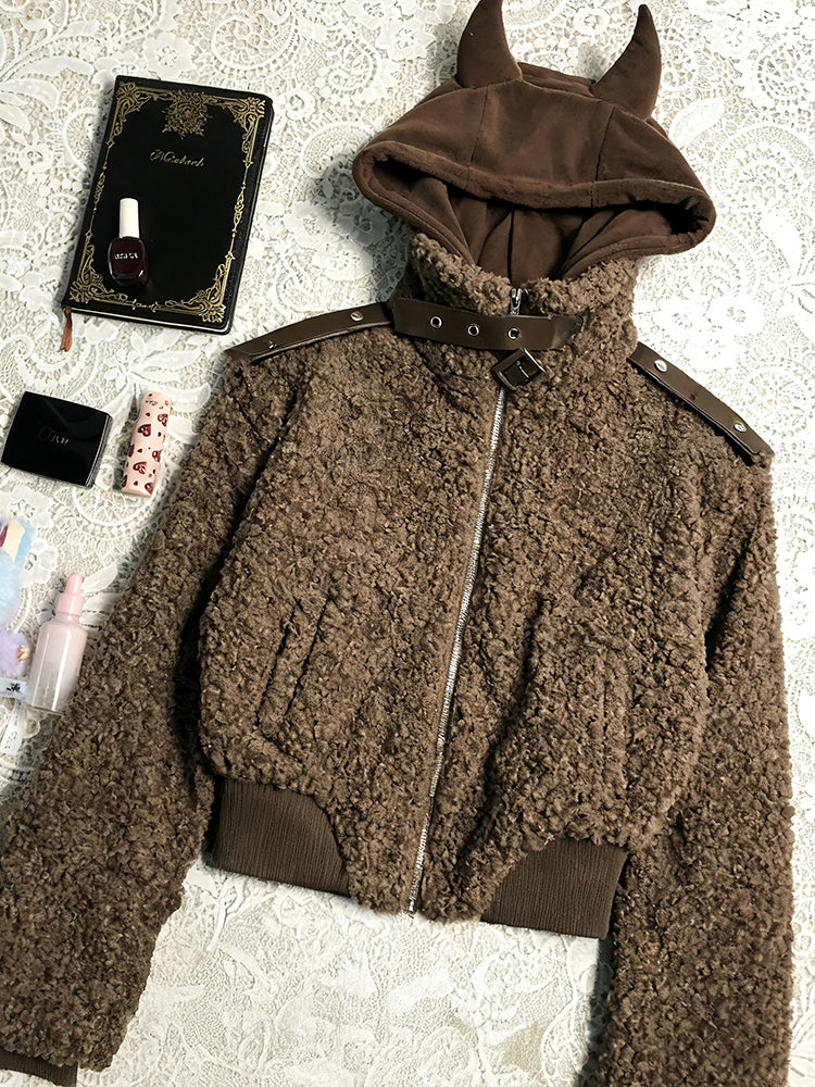 retro camel playful hooded velvet jacket - Image 2