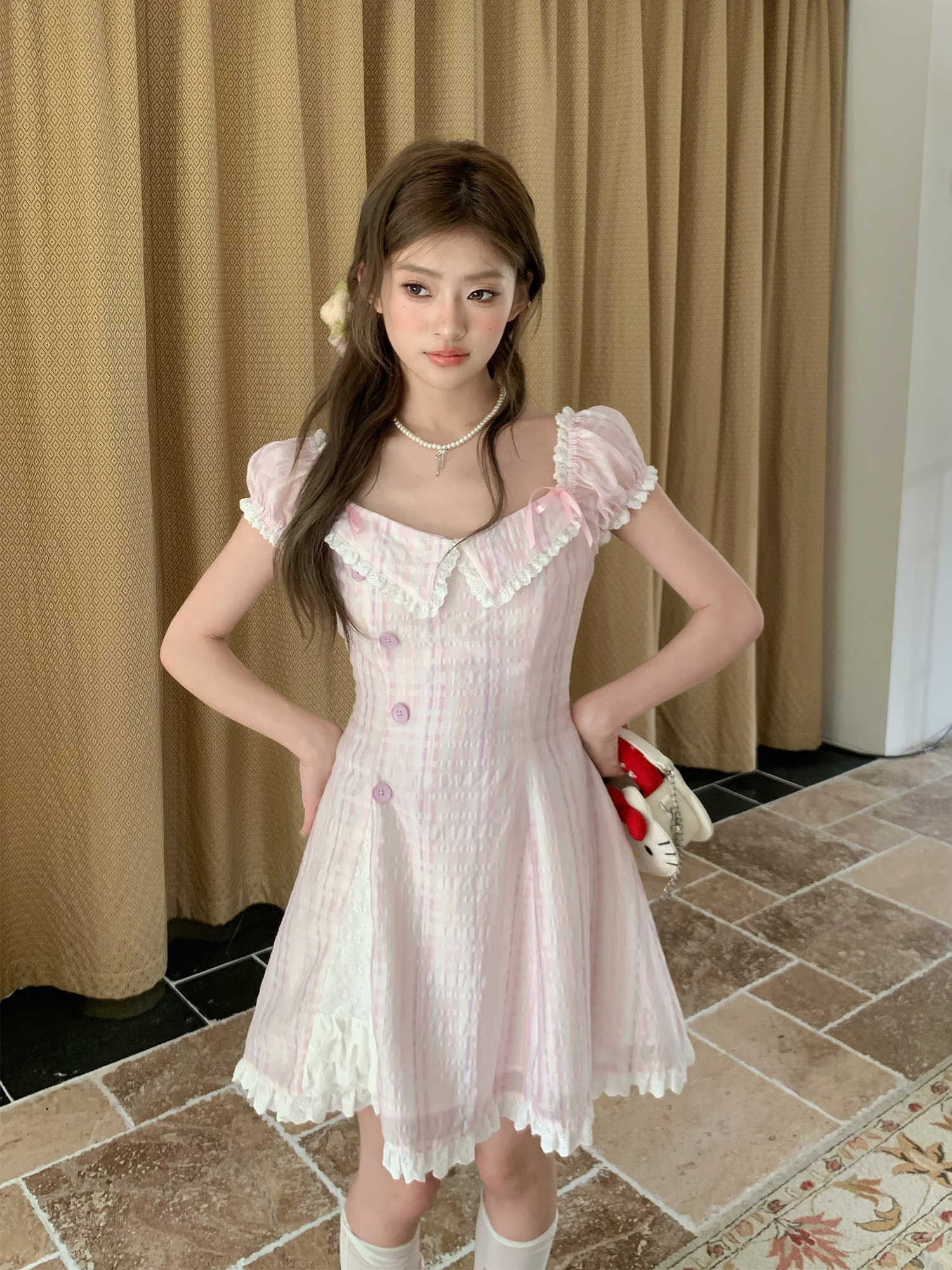Retro Collar Plaid Dress - Image 8