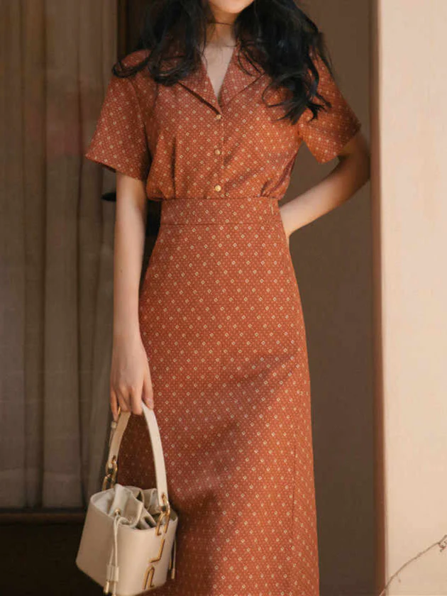 Retro Collar Short-sleeved Shirt + Skirt Suit - Image 4
