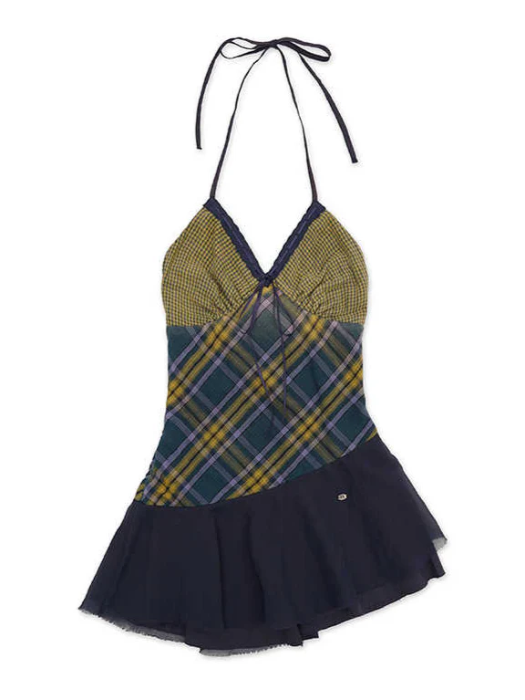 Retro Cotton Plaid Slanted Hem Suspender Dress