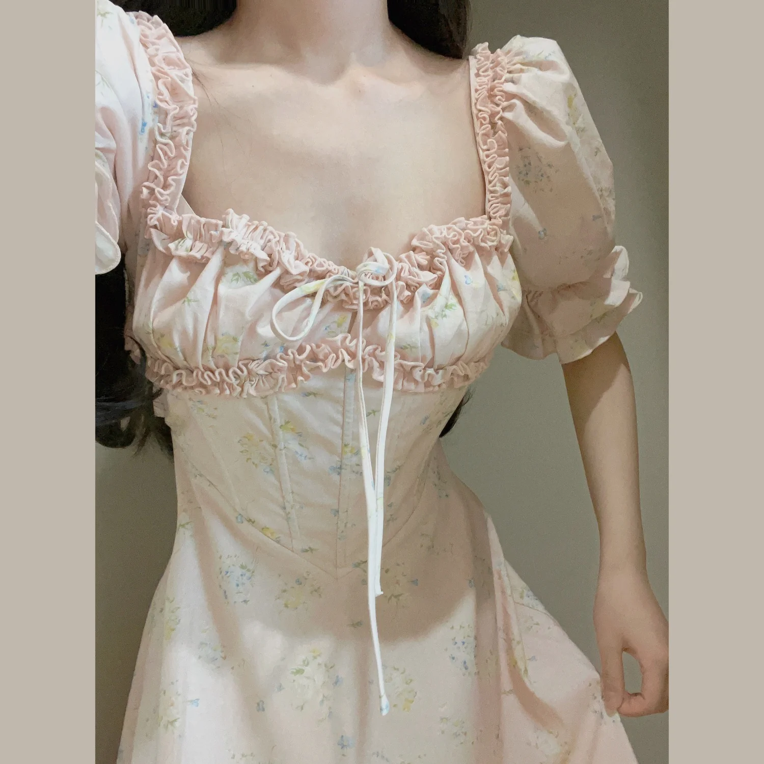Retro Cotton Puff Sleeve Fishbone Dress - Image 3