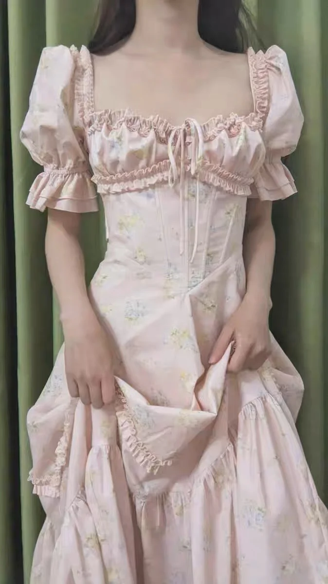 Retro Cotton Puff Sleeve Fishbone Dress - Image 5