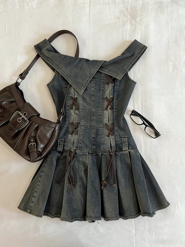 retro denim straps pleated dress - Image 2