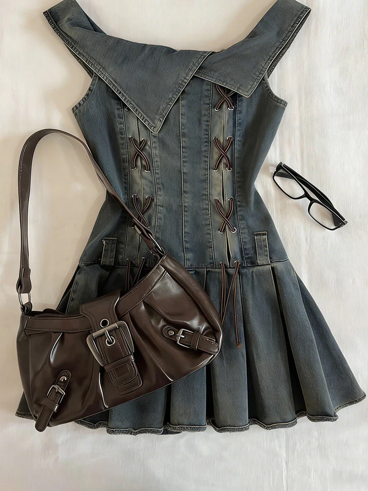 retro denim straps pleated dress - Image 3