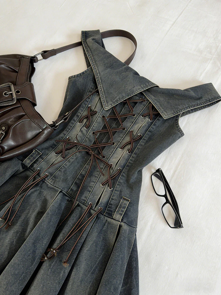 retro denim straps pleated dress - Image 4