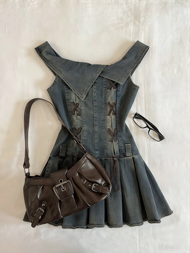 retro denim straps pleated dress - Image 5