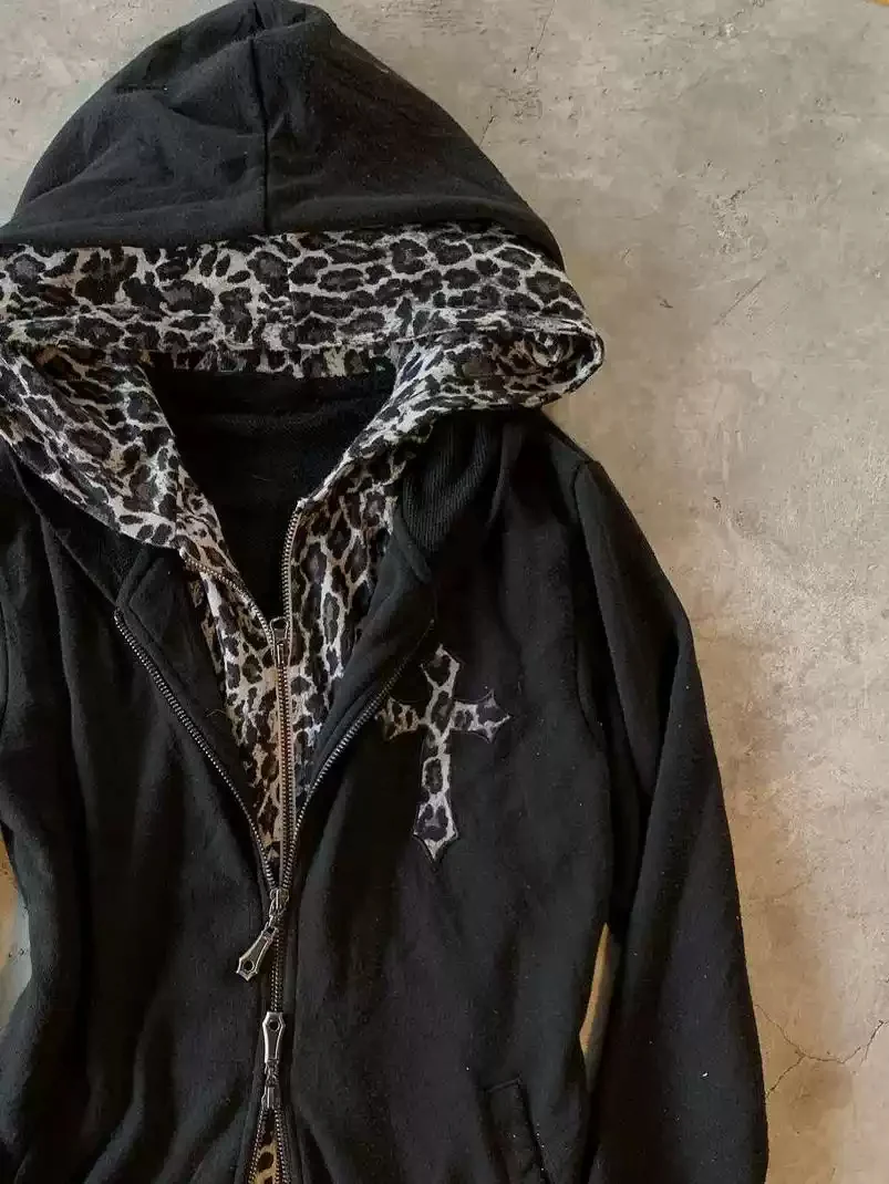 retro fake two-piece hooded leopard sweatshirt jacket - Image 3