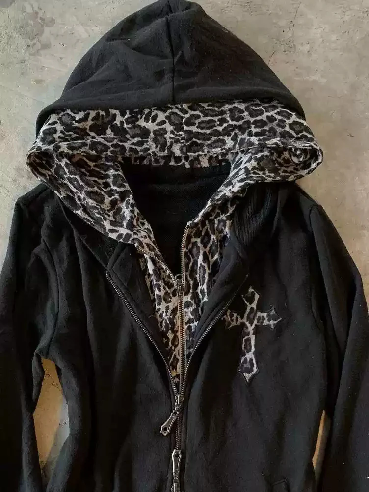 retro fake two-piece hooded leopard sweatshirt jacket - Image 5