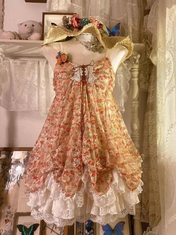 Retro Floral Mesh Ruffled Dress - Image 4