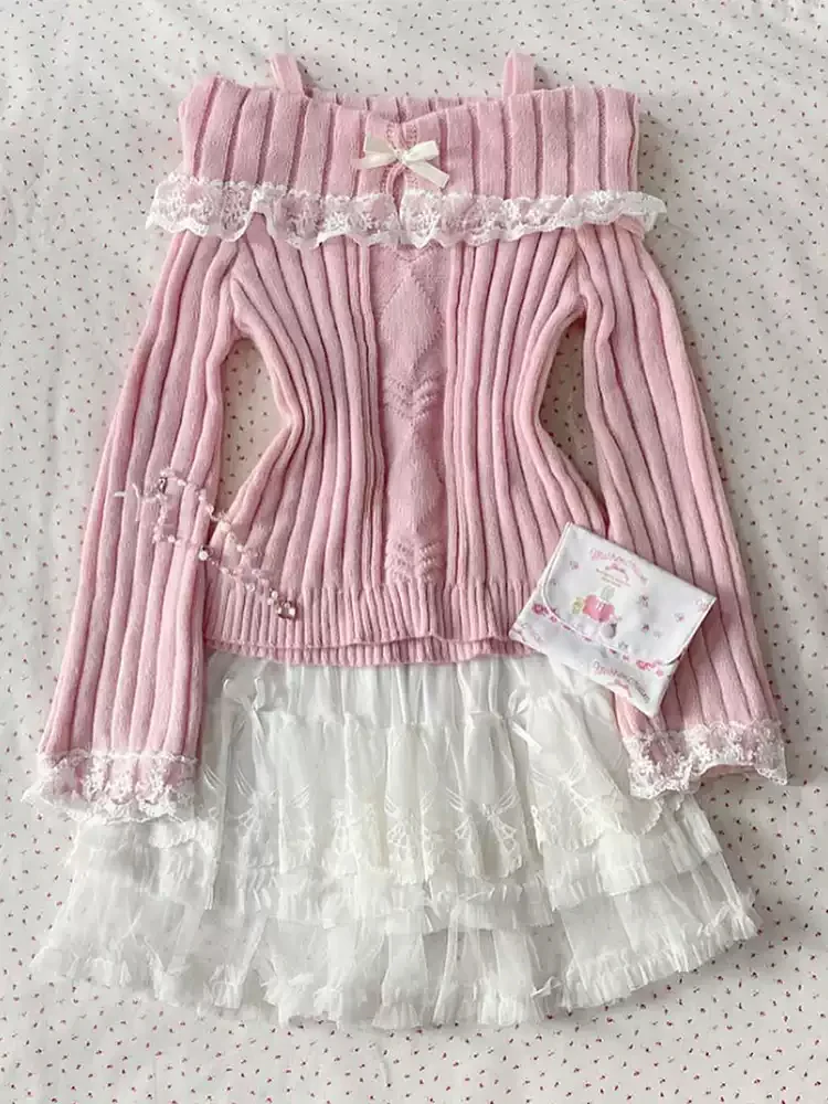 retro French pink lace sweater