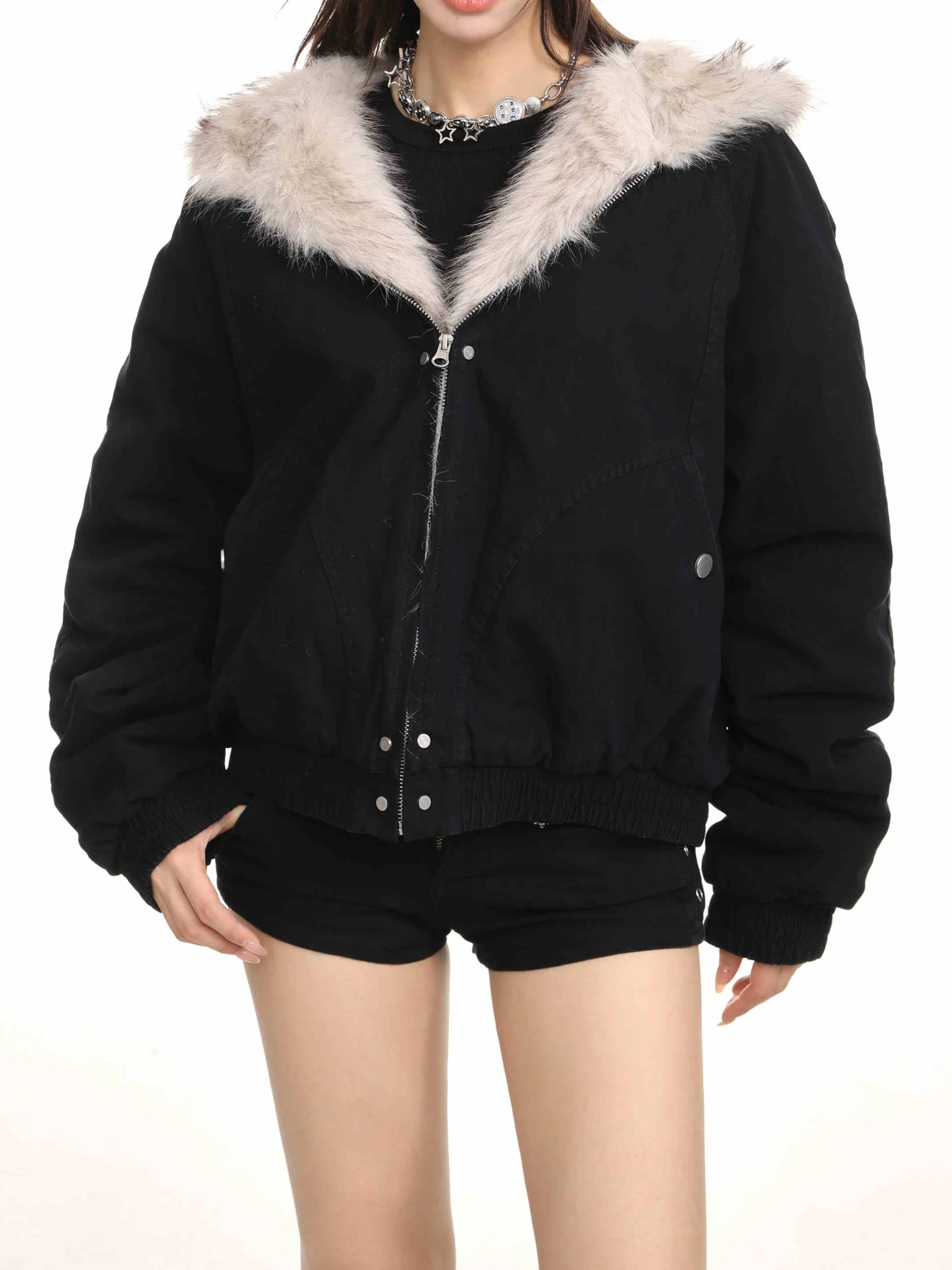 Retro Furry Fur Collar Hooded Jacket - Image 2