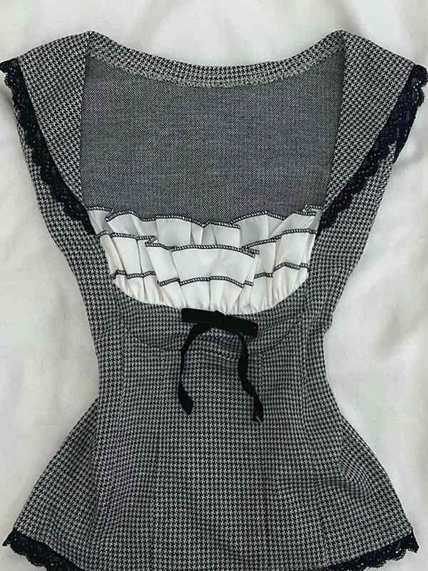 Retro Gray Bow Lace Vest - Image 2