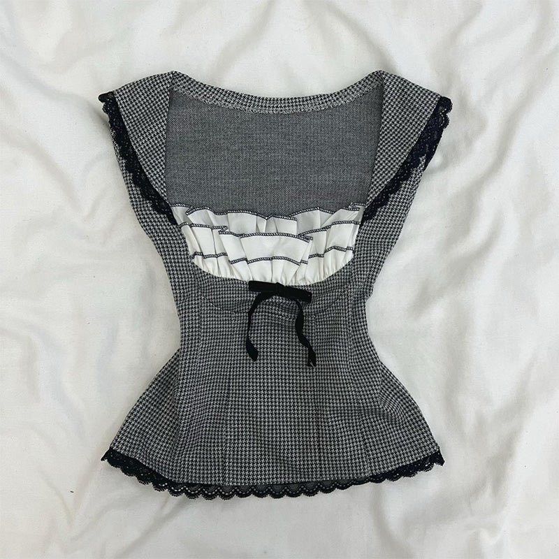 Retro Gray Bow Lace Vest - Image 3