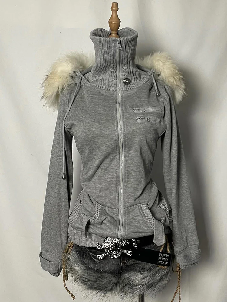 retro gray fur collar hooded jacket