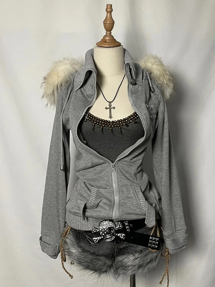 retro gray fur collar hooded jacket - Image 3