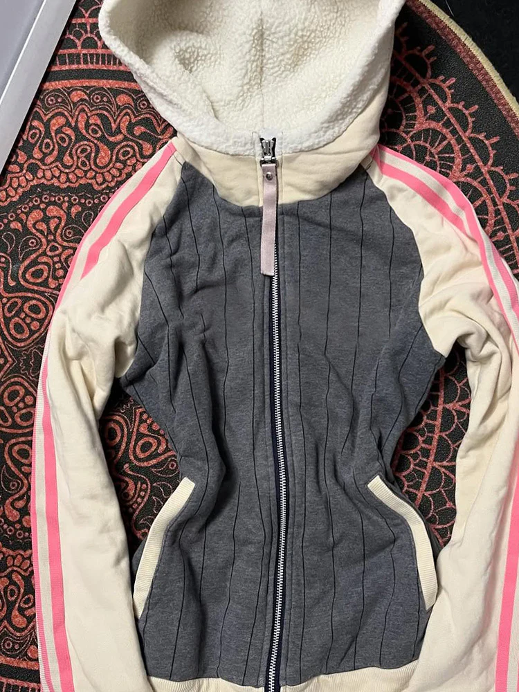 retro gray hooded pink fur collar sweatshirt jacket - Image 2