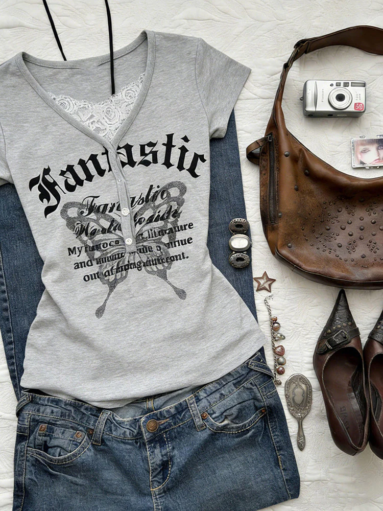 retro gray lace butterfly shirt - Image 2