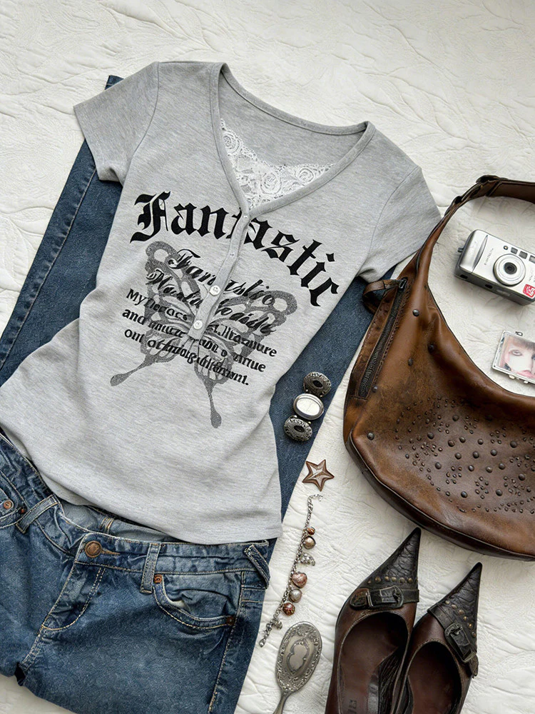 retro gray lace butterfly shirt - Image 3