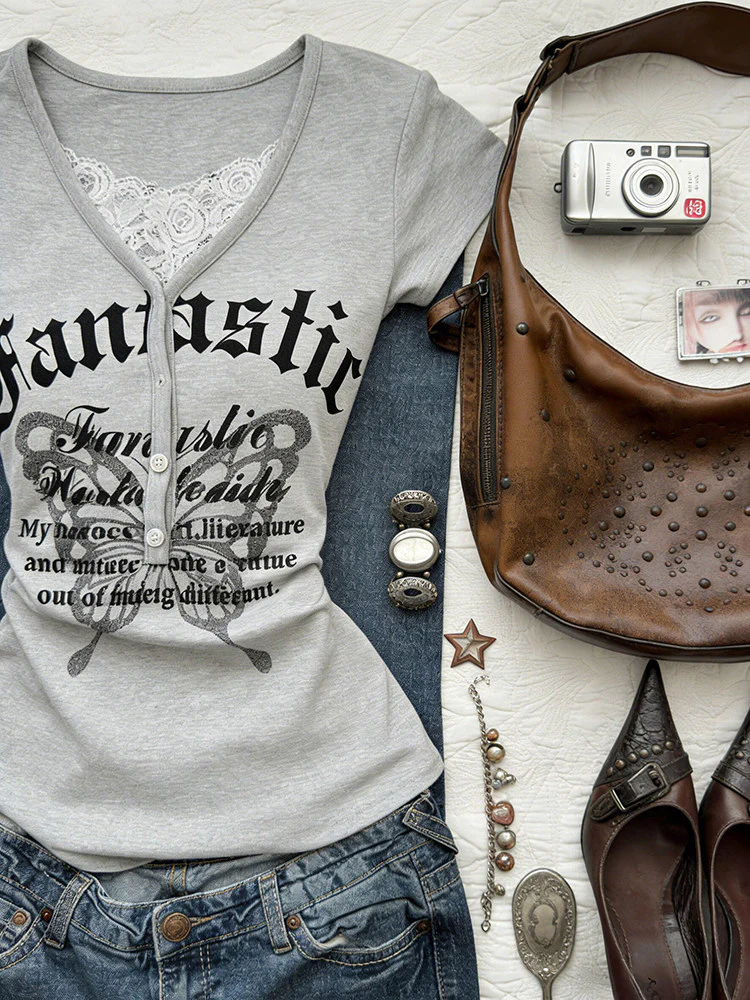 retro gray lace butterfly shirt - Image 4