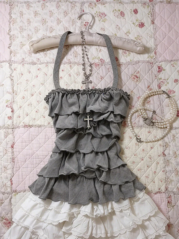 retro gray ruffled tank top - Image 4