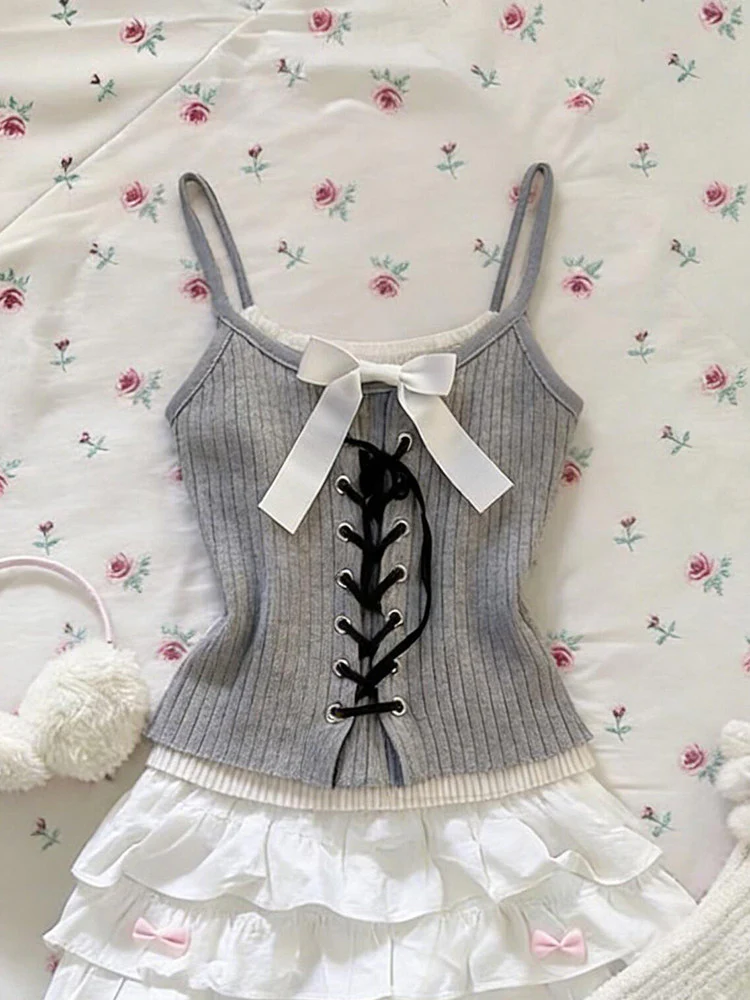 retro gray white bow tank top - Image 4
