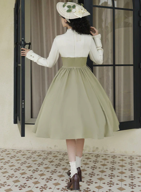 Retro Green Fake Two-piece Dress - Image 3