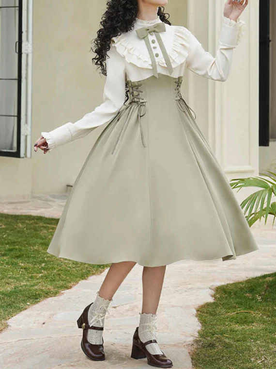 Retro Green Fake Two-piece Dress - Image 4