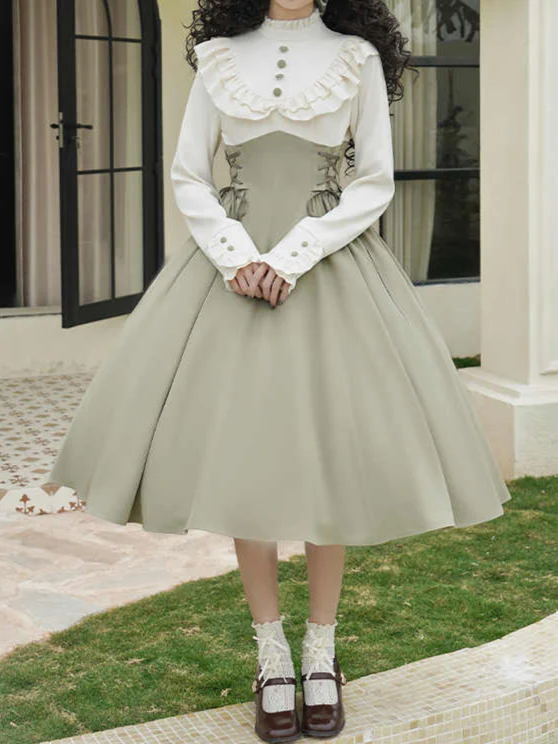 Retro Green Fake Two-piece Dress - Image 5