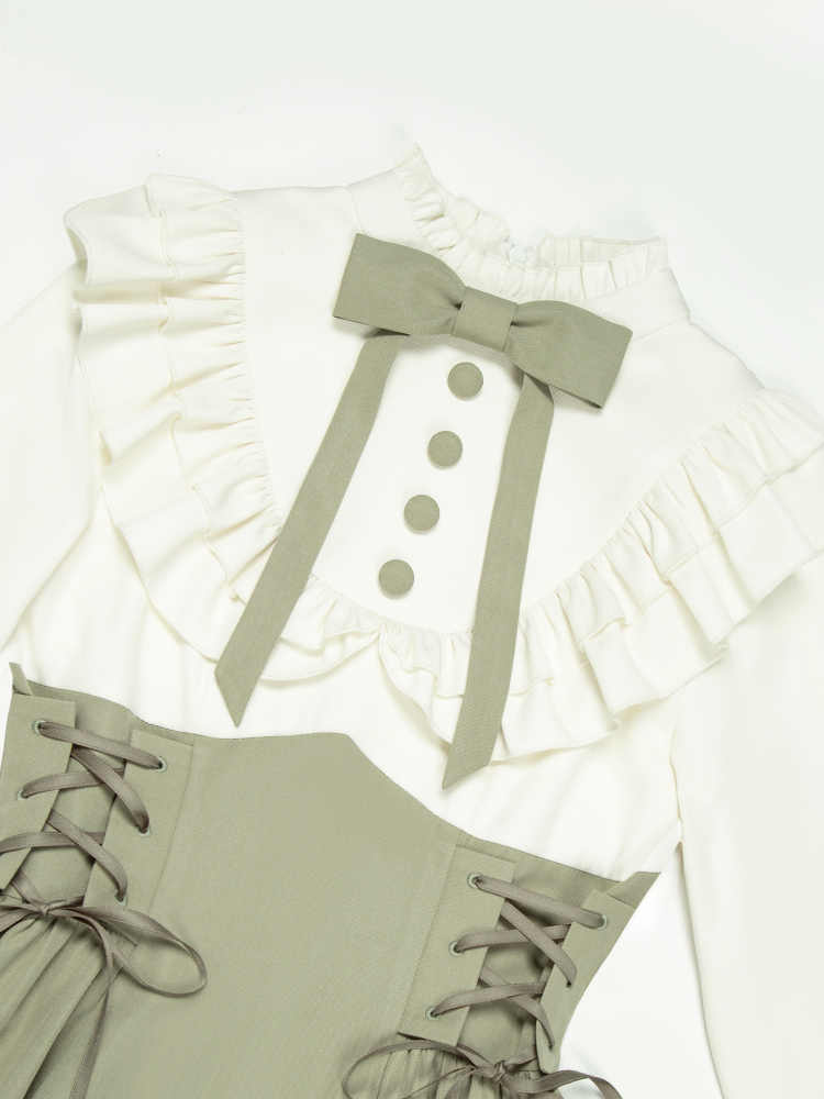 Retro Green Fake Two-piece Dress - Image 6