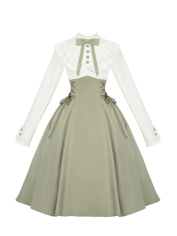 Retro Green Fake Two-piece Dress - Image 7