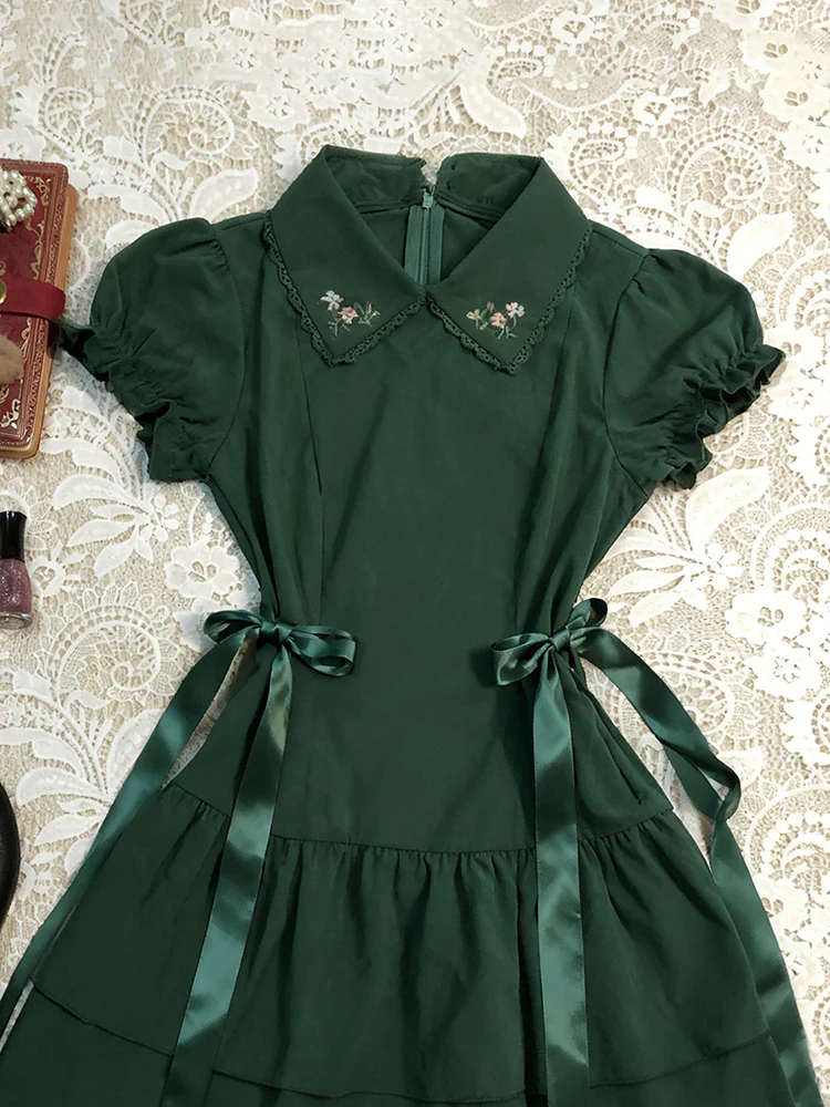 retro green lapel puff sleeve dress - Image 2
