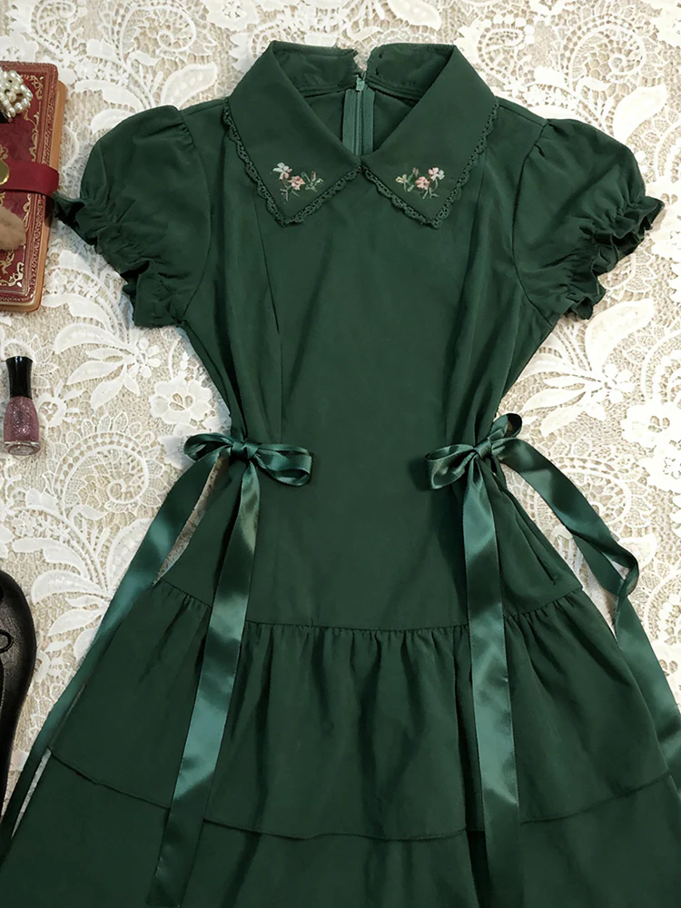 retro green lapel puff sleeve dress - Image 3