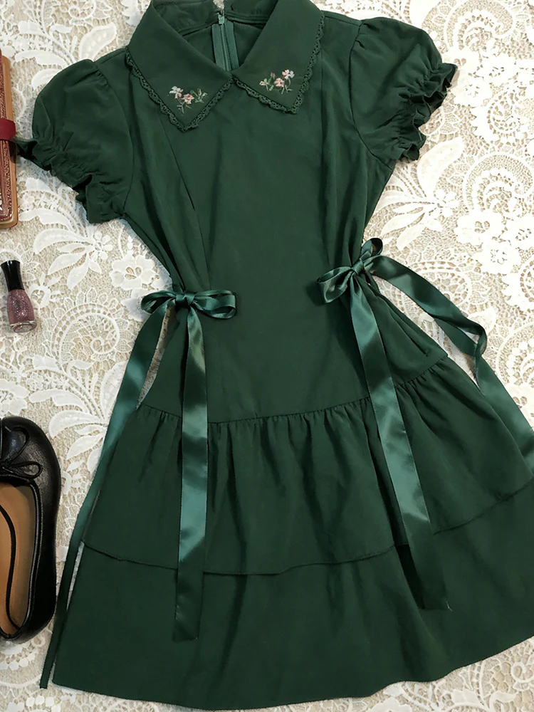retro green lapel puff sleeve dress - Image 4