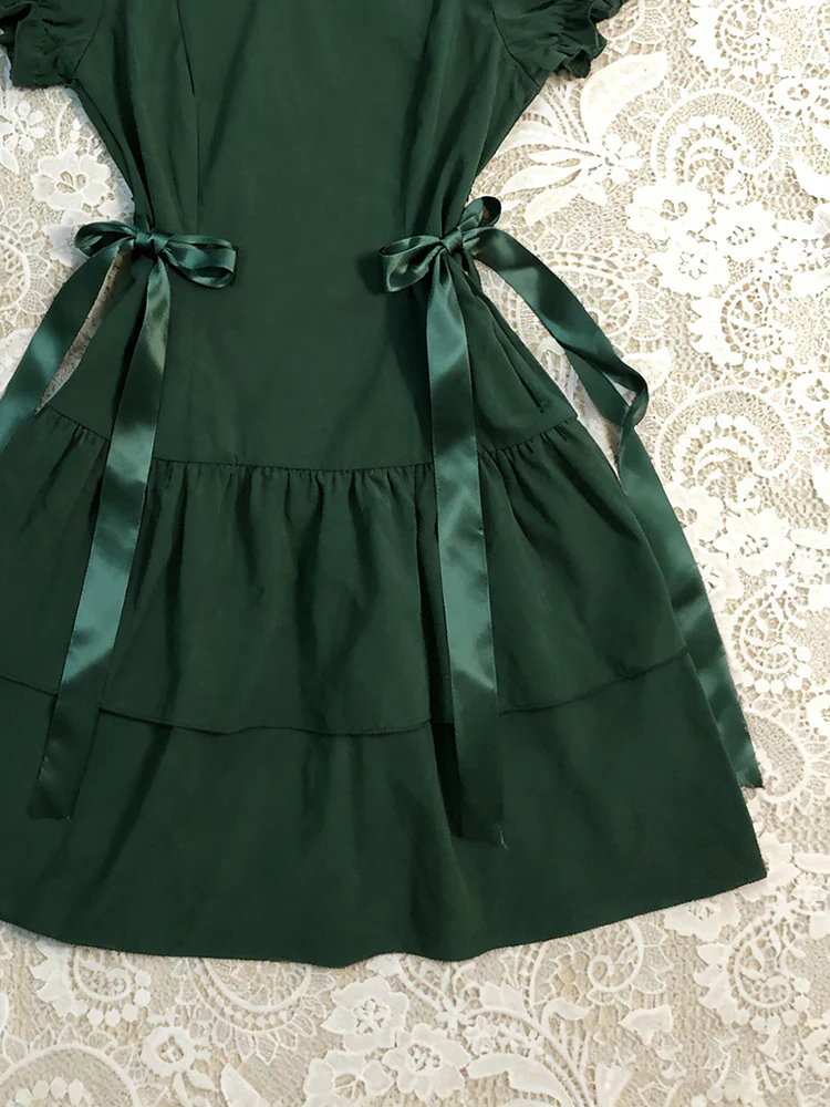 retro green lapel puff sleeve dress - Image 5
