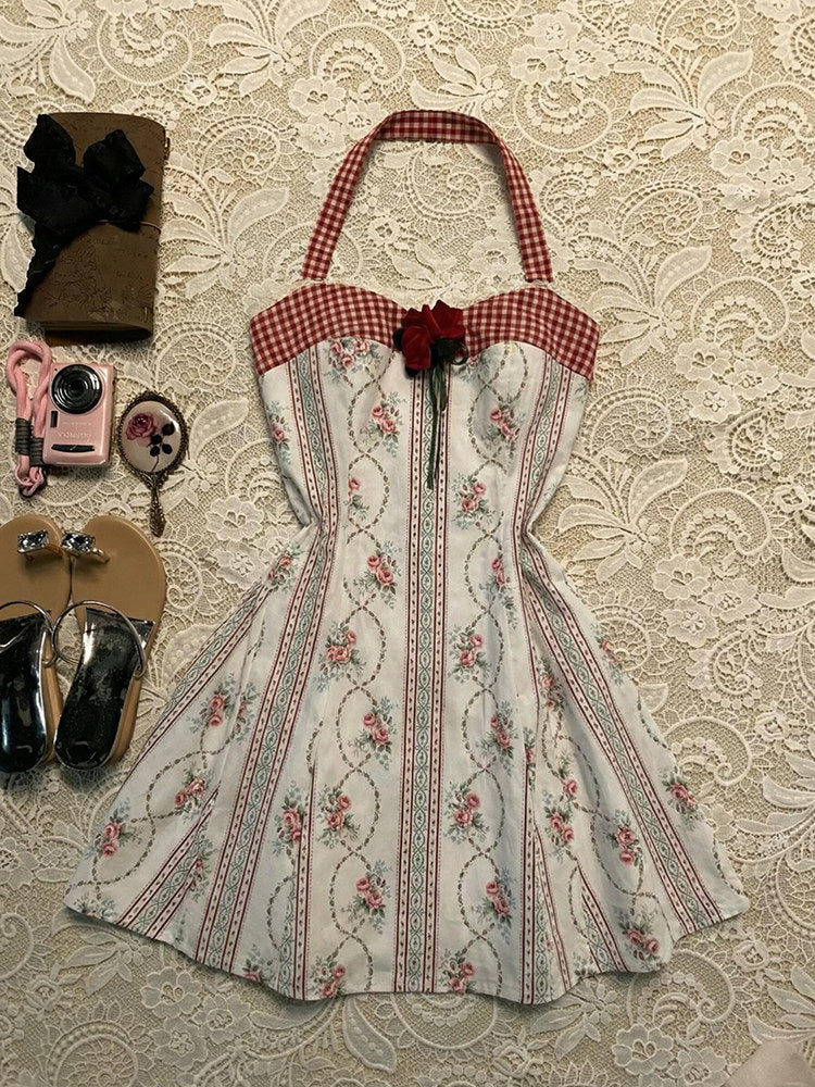 retro halter-neck red floral dress