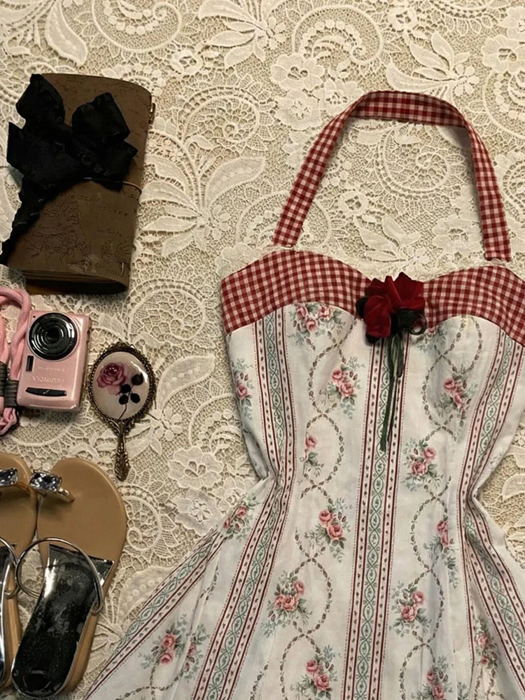 retro halter-neck red floral dress - Image 2