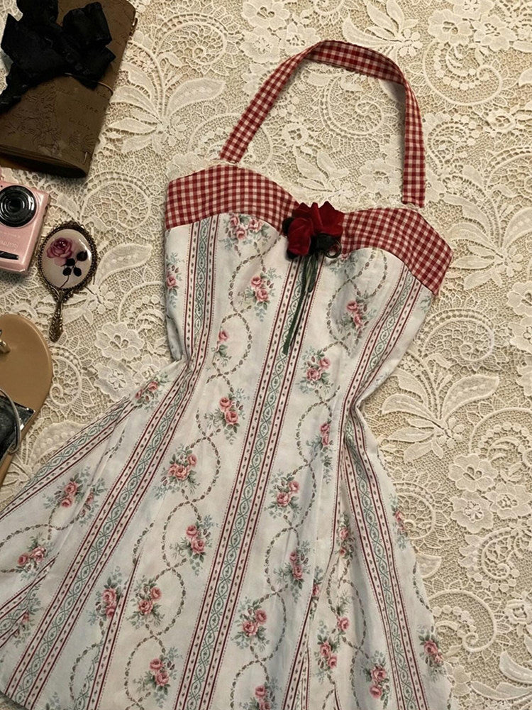retro halter-neck red floral dress - Image 3