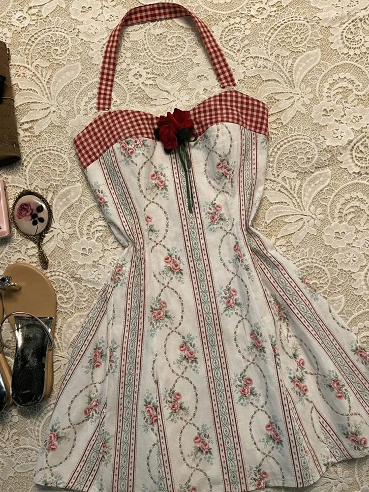 retro halter-neck red floral dress - Image 5