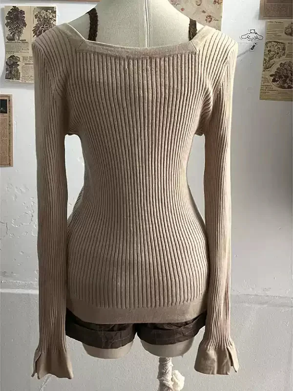 retro knitted khaki v-neck sweater - Image 3
