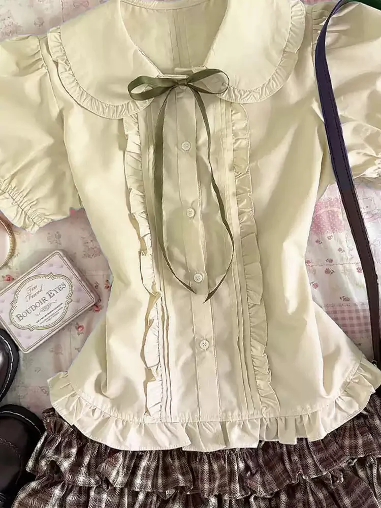 Retro Korean pink doll collar short-sleeved shirt - Image 5