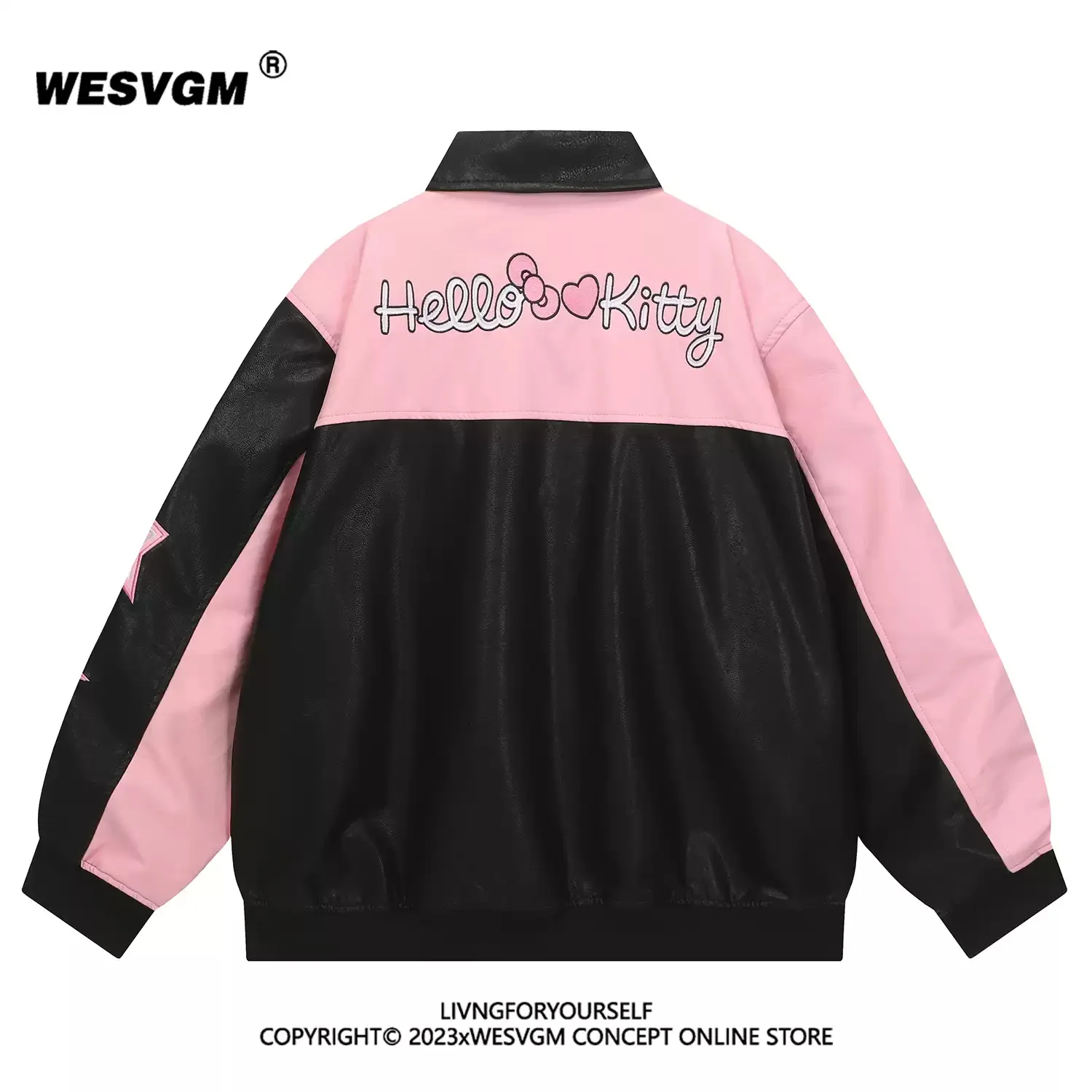 retro KT cat embroidered color-blocked leather jacket - Image 3