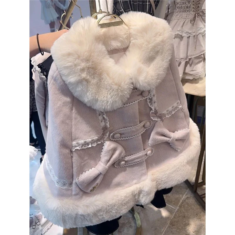 Retro lace bow woolen coat - Image 2